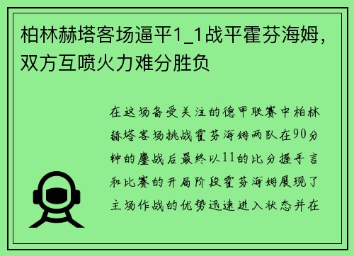 柏林赫塔客场逼平1_1战平霍芬海姆，双方互喷火力难分胜负